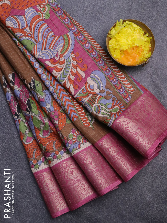 Semi dola saree brown shade and mauve pink with allover silver zari checks & butta prints and long kalamkari printed zari border