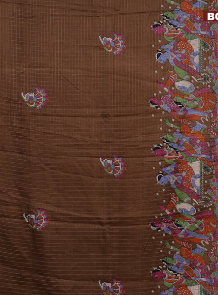 Semi dola saree brown shade and mauve pink with allover silver zari checks & butta prints and long kalamkari printed zari border