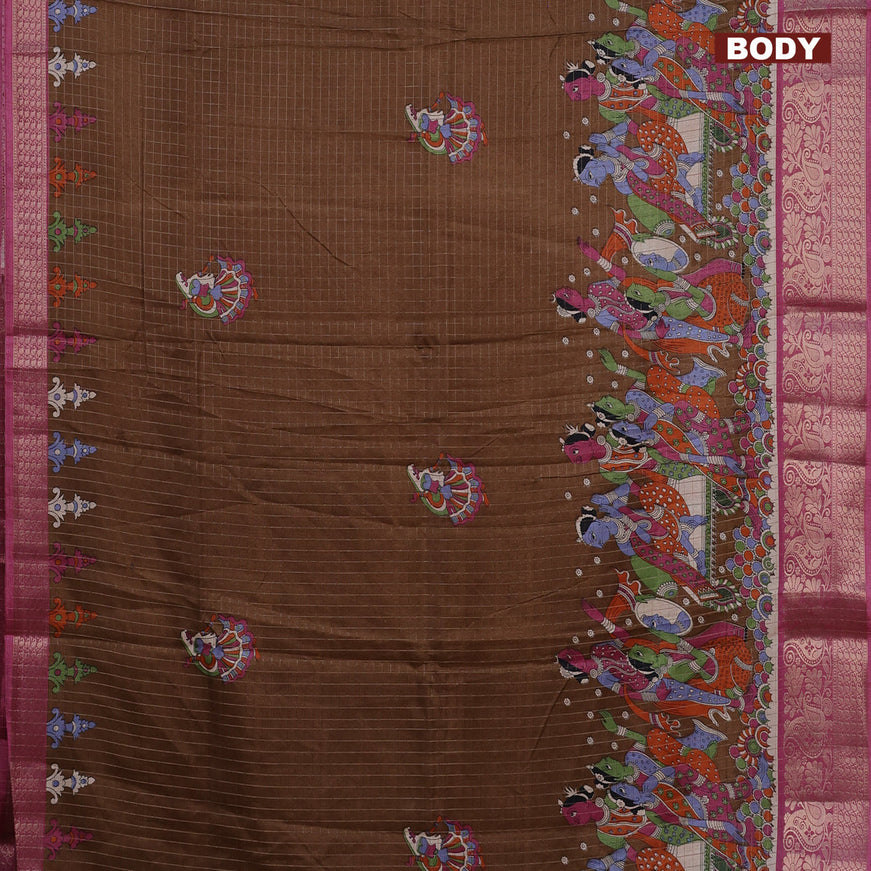 Semi dola saree brown shade and mauve pink with allover silver zari checks & butta prints and long kalamkari printed zari border