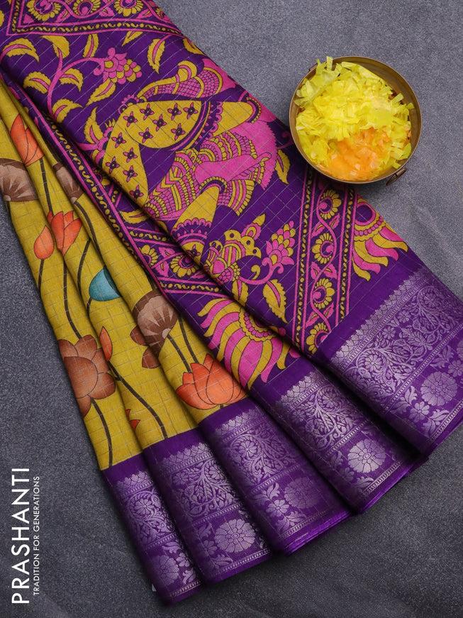 Semi dola saree mustard shade and violet with allover silver zari checks & pichwai prints and silver zari woven border