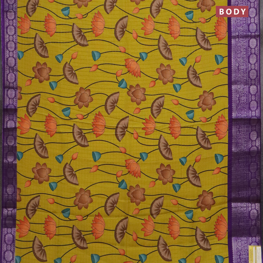 Semi dola saree mustard shade and violet with allover silver zari checks & pichwai prints and silver zari woven border