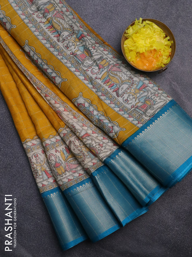 Semi dola saree mustard yellow and cs blue with allover zari checked pattern and long madhubani printed zari border