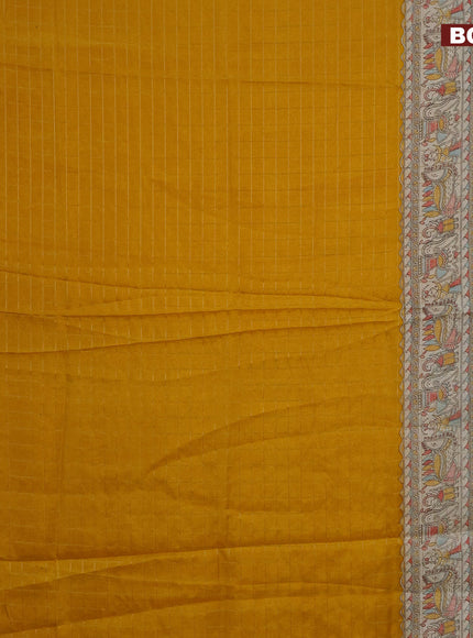 Semi dola saree mustard yellow and cs blue with allover zari checked pattern and long madhubani printed zari border