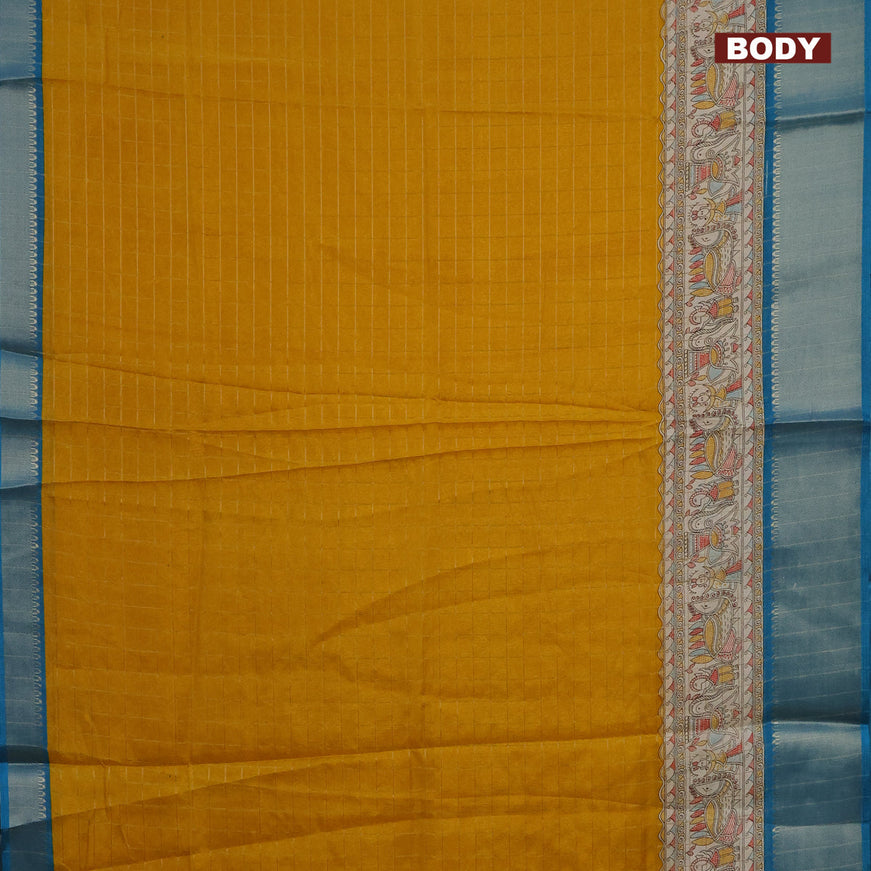 Semi dola saree mustard yellow and cs blue with allover zari checked pattern and long madhubani printed zari border