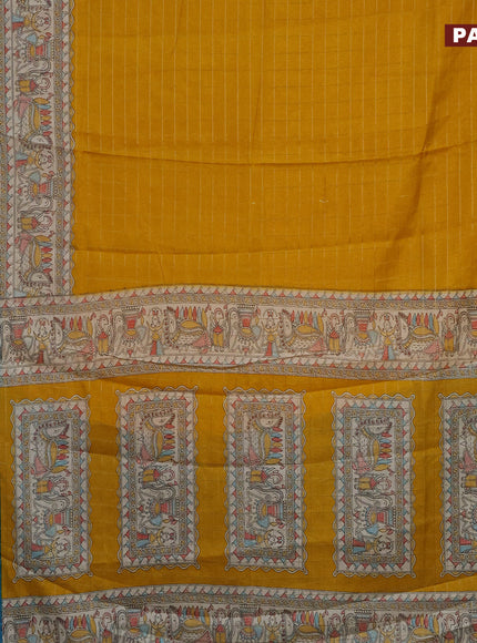 Semi dola saree mustard yellow and cs blue with allover zari checked pattern and long madhubani printed zari border