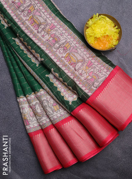 Semi dola saree green and pink with allover zari checked pattern and long madhubani printed zari border