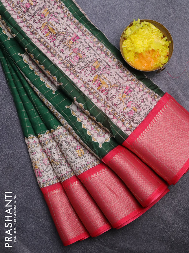 Semi dola saree green and pink with allover zari checked pattern and long madhubani printed zari border