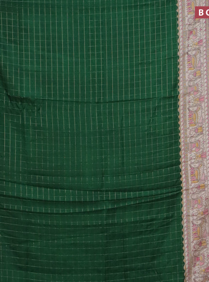 Semi dola saree green and pink with allover zari checked pattern and long madhubani printed zari border