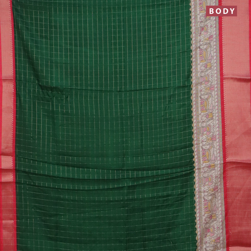 Semi dola saree green and pink with allover zari checked pattern and long madhubani printed zari border