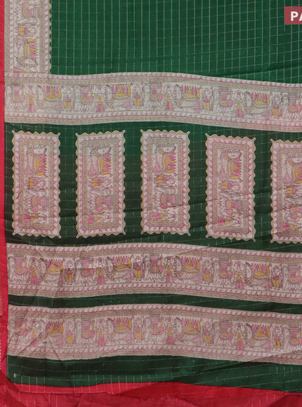 Semi dola saree green and pink with allover zari checked pattern and long madhubani printed zari border