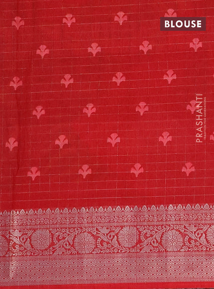 Semi dola saree blue and red with allover silver zari checks & pichwai prints and silver zari woven border