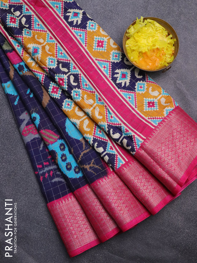 Semi dola saree dark blue and pink with allover zari checks & ikat style prints and zari woven border