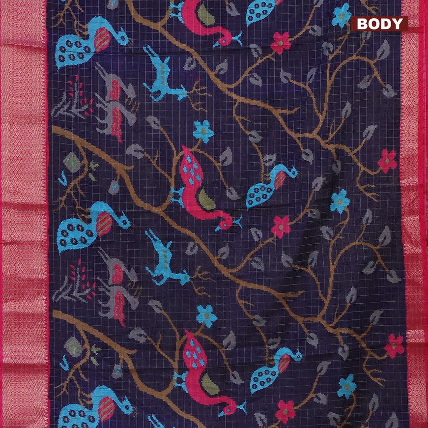 Semi dola saree dark blue and pink with allover zari checks & ikat style prints and zari woven border