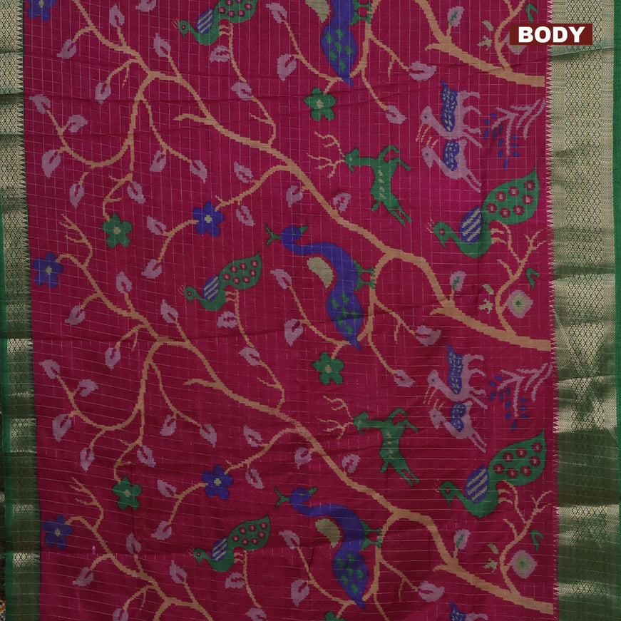 Semi dola saree magenta pink and green with allover zari checks & ikat style prints and zari woven border