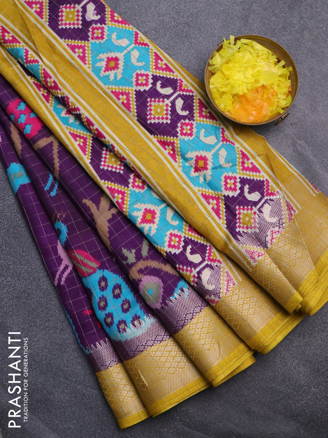 Semi dola saree violet and mustard yellow with allover zari checks & ikat style prints and zari woven border