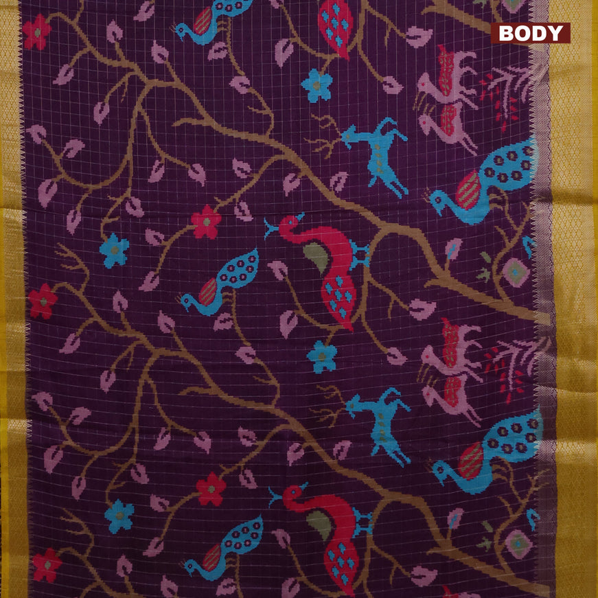 Semi dola saree violet and mustard yellow with allover zari checks & ikat style prints and zari woven border