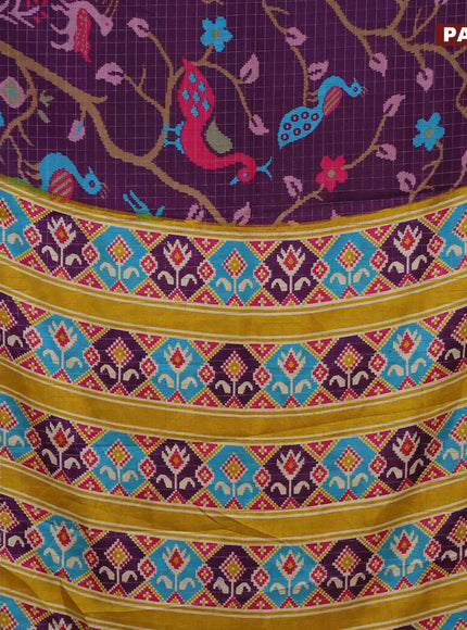 Semi dola saree violet and mustard yellow with allover zari checks & ikat style prints and zari woven border