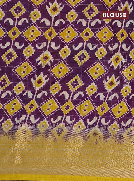 Semi dola saree violet and mustard yellow with allover zari checks & ikat style prints and zari woven border