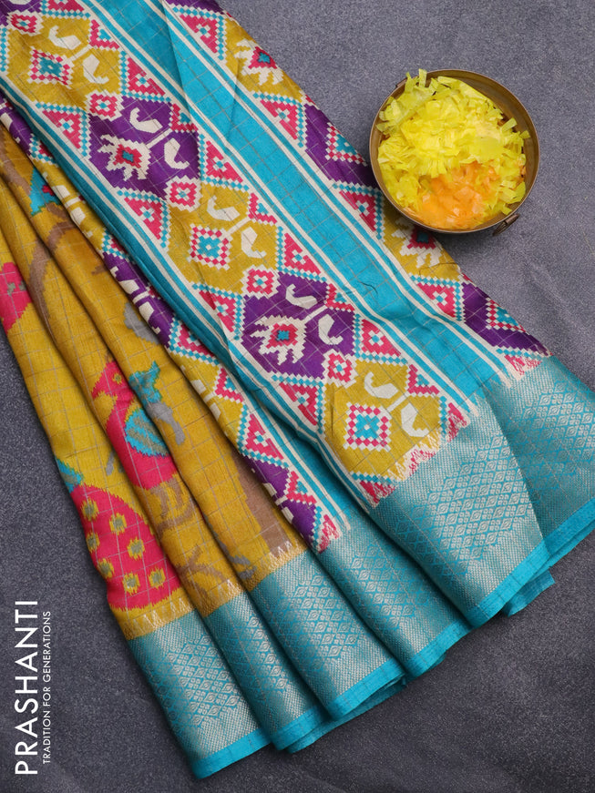 Semi dola saree mustard yellow and teal blue with allover zari checks & ikat style prints and zari woven border