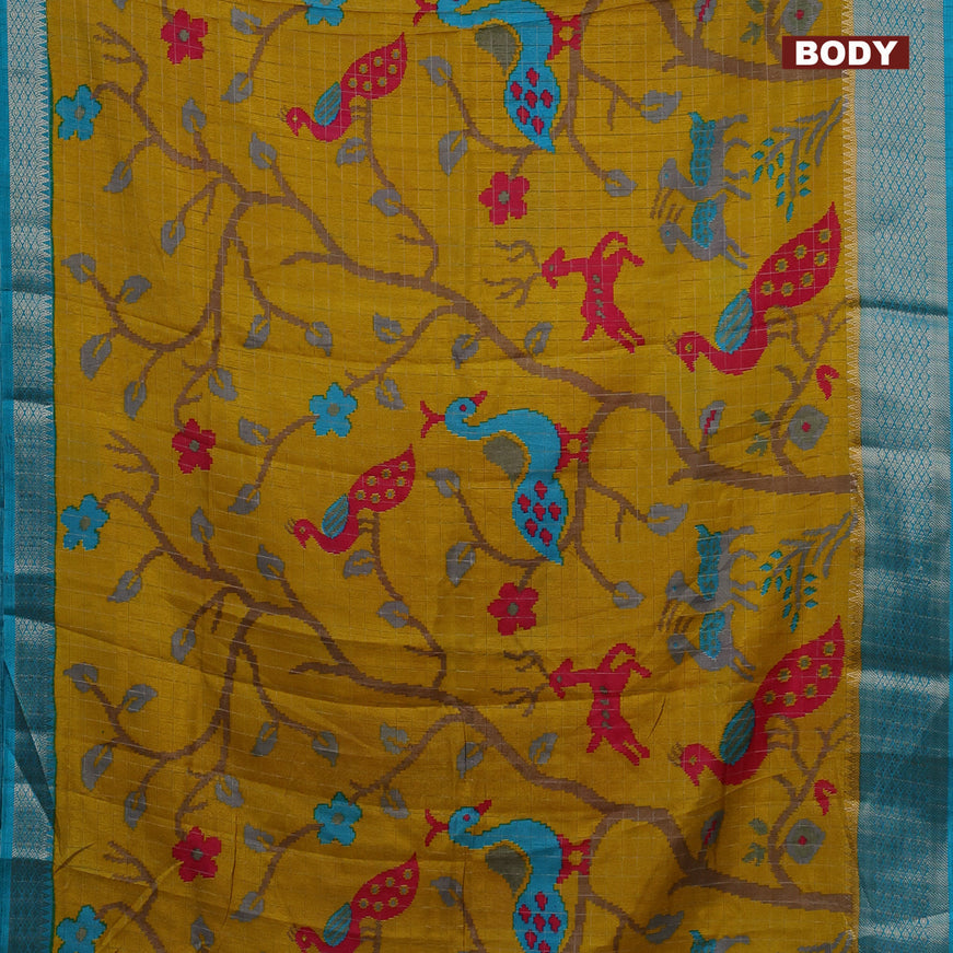 Semi dola saree mustard yellow and teal blue with allover zari checks & ikat style prints and zari woven border