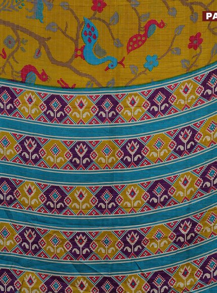 Semi dola saree mustard yellow and teal blue with allover zari checks & ikat style prints and zari woven border