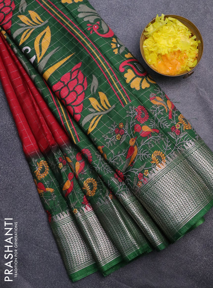 Semi dola saree maroon and dark green with allover zari checked pattern and long printed zari border