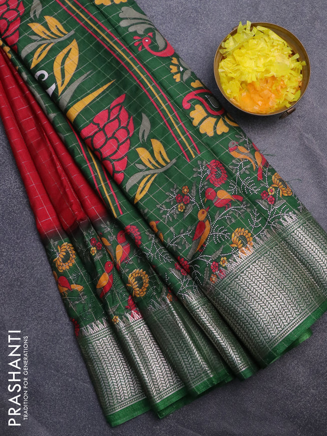 Semi dola saree maroon and dark green with allover zari checked pattern and long printed zari border