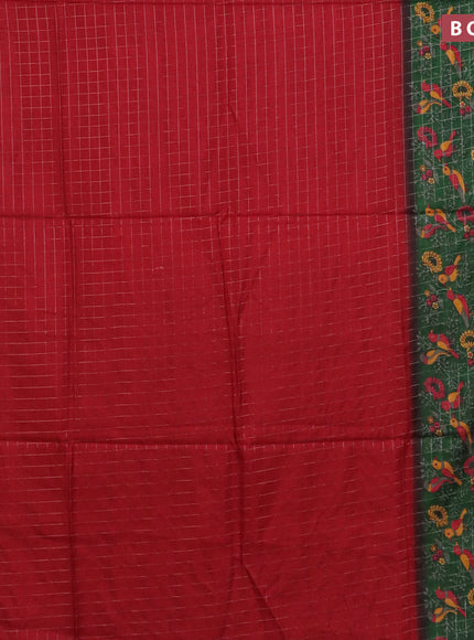 Semi dola saree maroon and dark green with allover zari checked pattern and long printed zari border