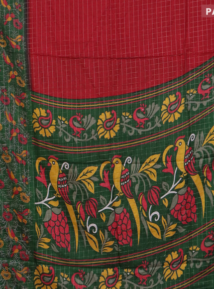 Semi dola saree maroon and dark green with allover zari checked pattern and long printed zari border