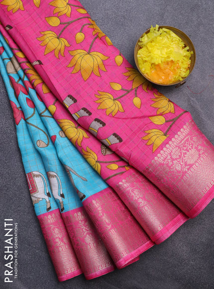 Semi dola saree light blue and pink with allover zari checks & pichwai prints and zari woven border