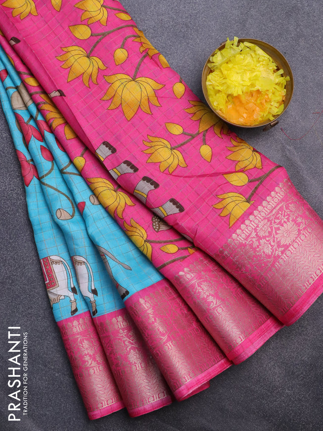 Semi dola saree light blue and pink with allover zari checks & pichwai prints and zari woven border