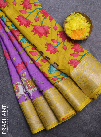 Semi dola saree lavender shade and yellow with allover zari checks & pichwai prints and zari woven border