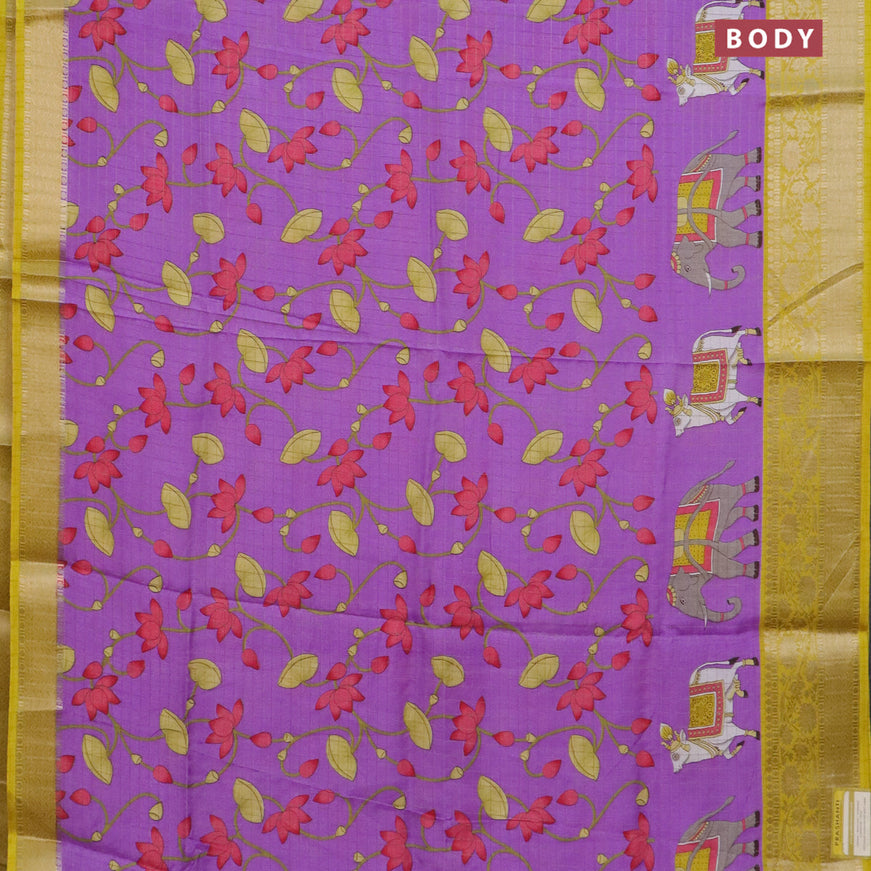 Semi dola saree lavender shade and yellow with allover zari checks & pichwai prints and zari woven border