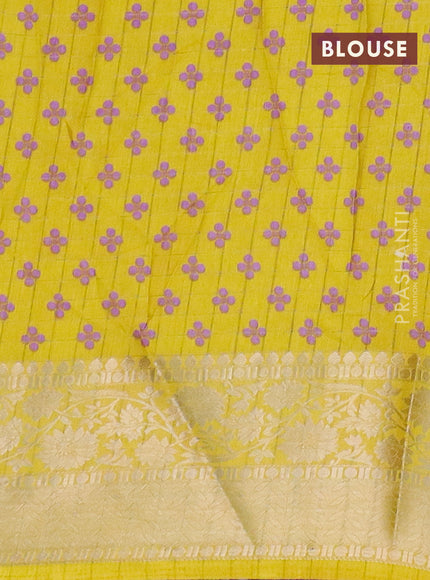 Semi dola saree lavender shade and yellow with allover zari checks & pichwai prints and zari woven border