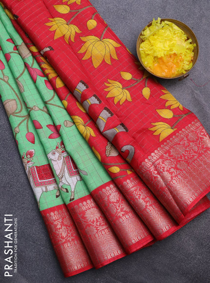 Semi dola saree green and red with allover zari checks & pichwai prints and zari woven border