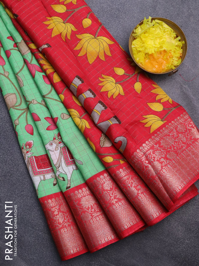 Semi dola saree green and red with allover zari checks & pichwai prints and zari woven border