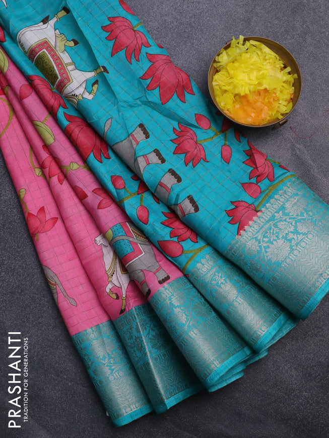 Semi dola saree candy pink and teal blue with allover zari checks & pichwai prints and zari woven border