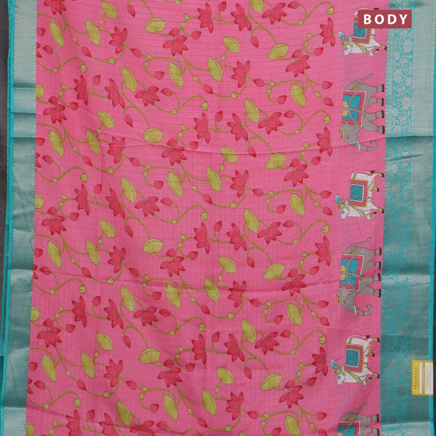 Semi dola saree candy pink and teal blue with allover zari checks & pichwai prints and zari woven border