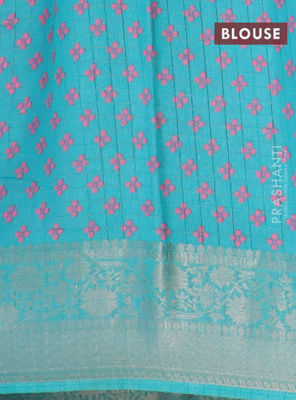 Semi dola saree candy pink and teal blue with allover zari checks & pichwai prints and zari woven border