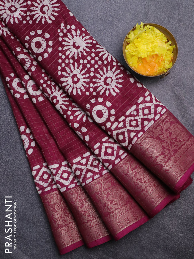 Semi dola saree wine shade with allover zari checks & batik prints and zari woven border