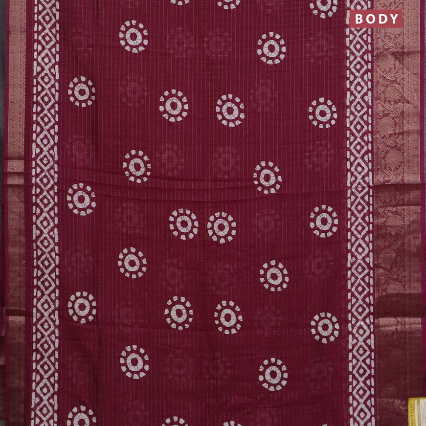 Semi dola saree wine shade with allover zari checks & batik prints and zari woven border