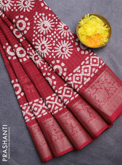 Semi dola saree maroon with allover zari checks & batik prints and zari woven border