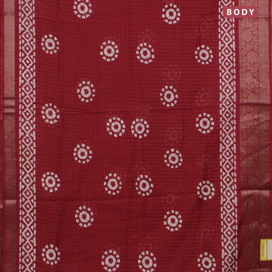 Semi dola saree maroon with allover zari checks & batik prints and zari woven border