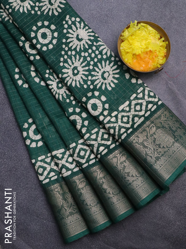 Semi dola saree green with allover zari checks & batik prints and zari woven border