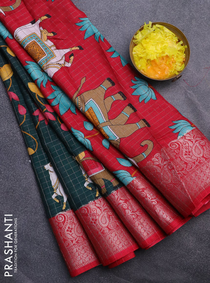 Semi dola saree green and pink with allover zari checks & pichwai prints and zari woven border