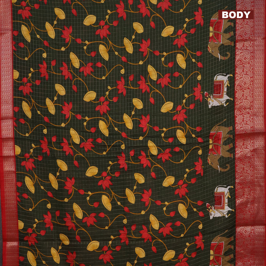 Semi dola saree sap green and red with allover zari checks & pichwai prints and zari woven border