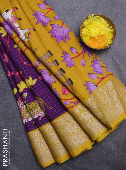 Semi dola saree violet and yellow with allover zari checks & pichwai prints and zari woven border