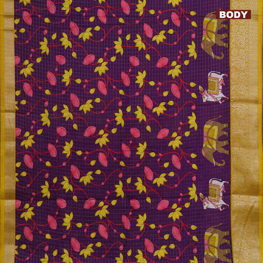 Semi dola saree violet and yellow with allover zari checks & pichwai prints and zari woven border