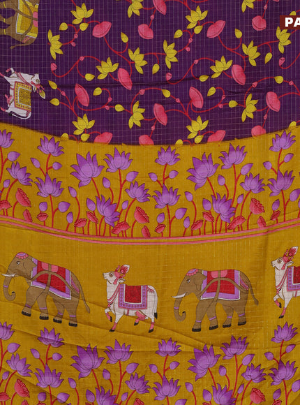 Semi dola saree violet and yellow with allover zari checks & pichwai prints and zari woven border