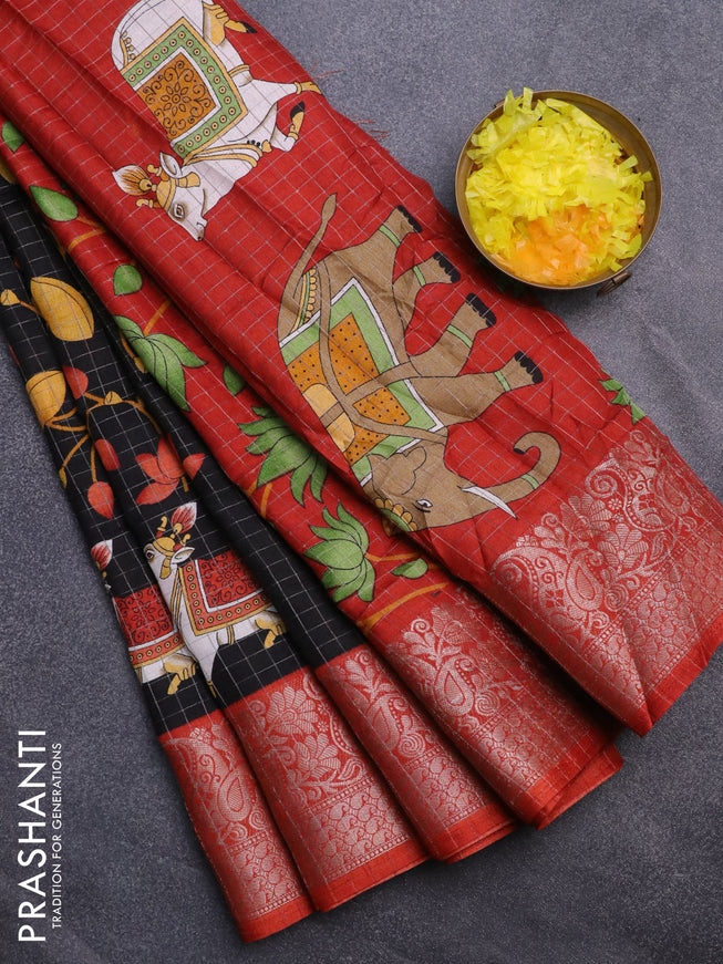 Semi dola saree black and rust shade with allover zari checks & pichwai prints and zari woven border